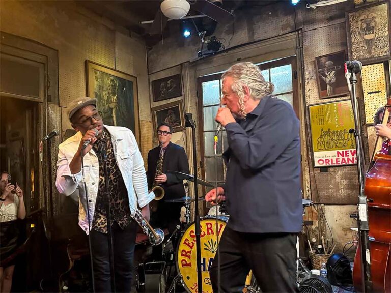 Robert Plant singing on stage in New Orleans