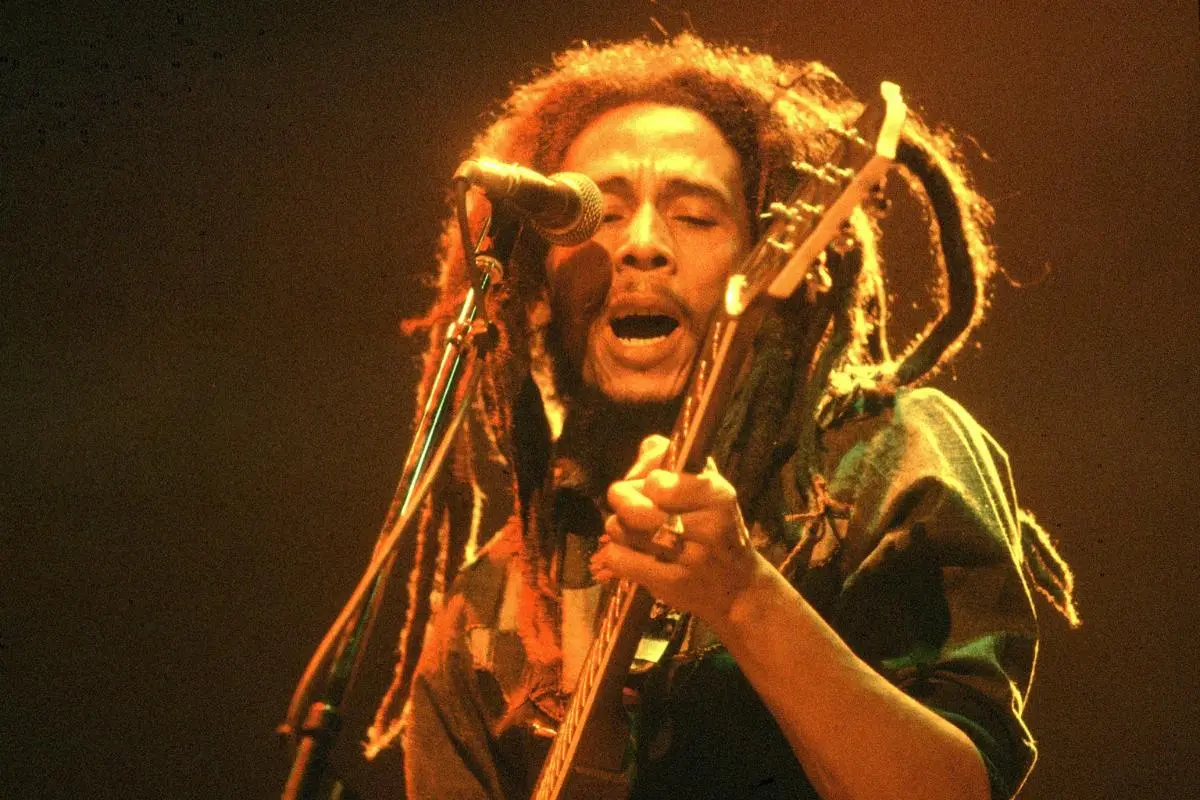 Bob Marley with long dreadlocks sings into a microphone while playing guitar under warm stage lighting.