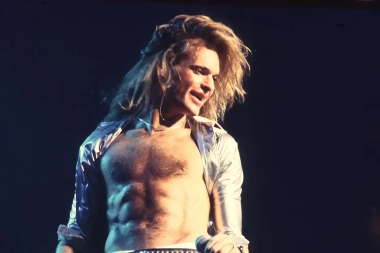 David Lee Roth performing shirtless on stage with long hair.