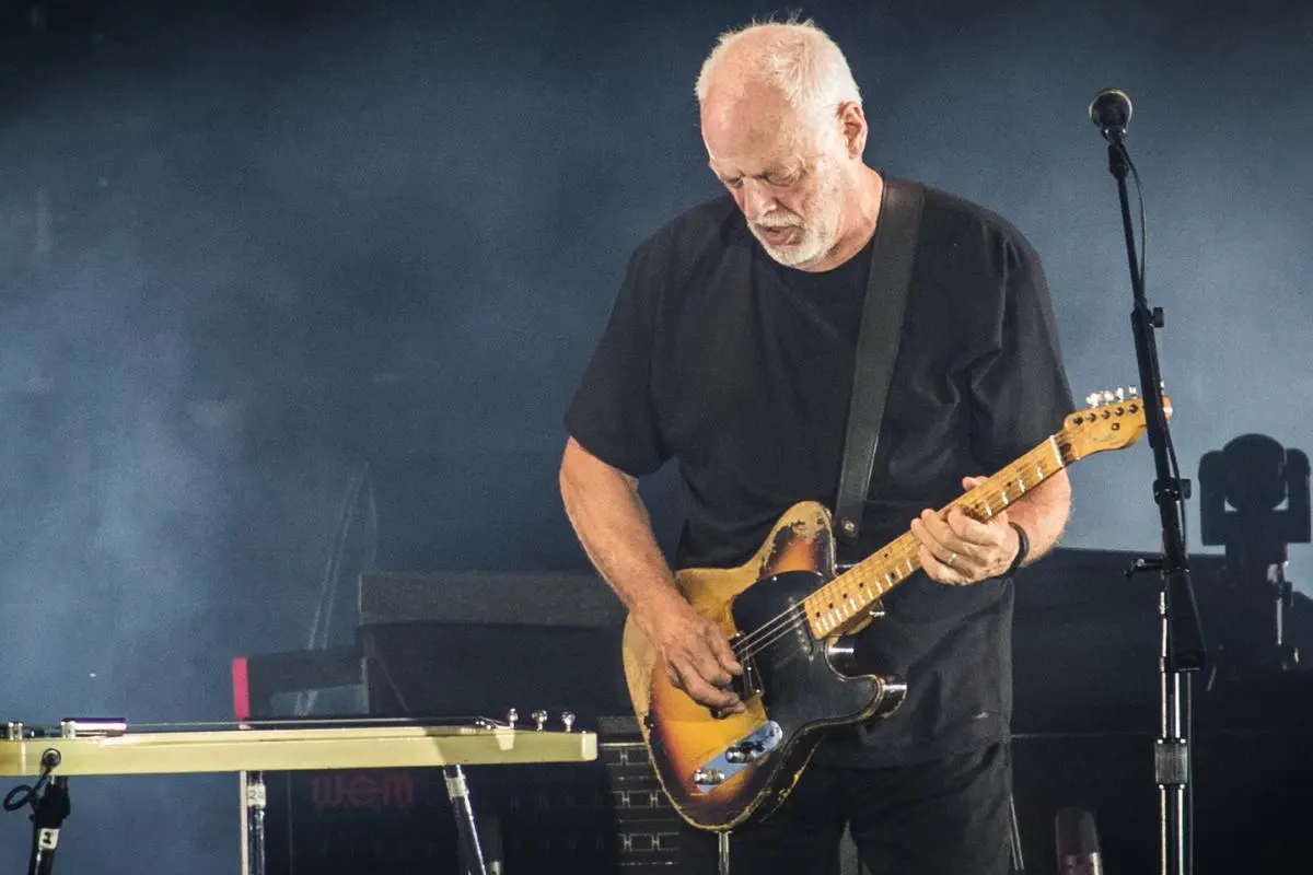 David Gilmour performs live, concentrating as he plays a worn sunburst Fender Telecaster.