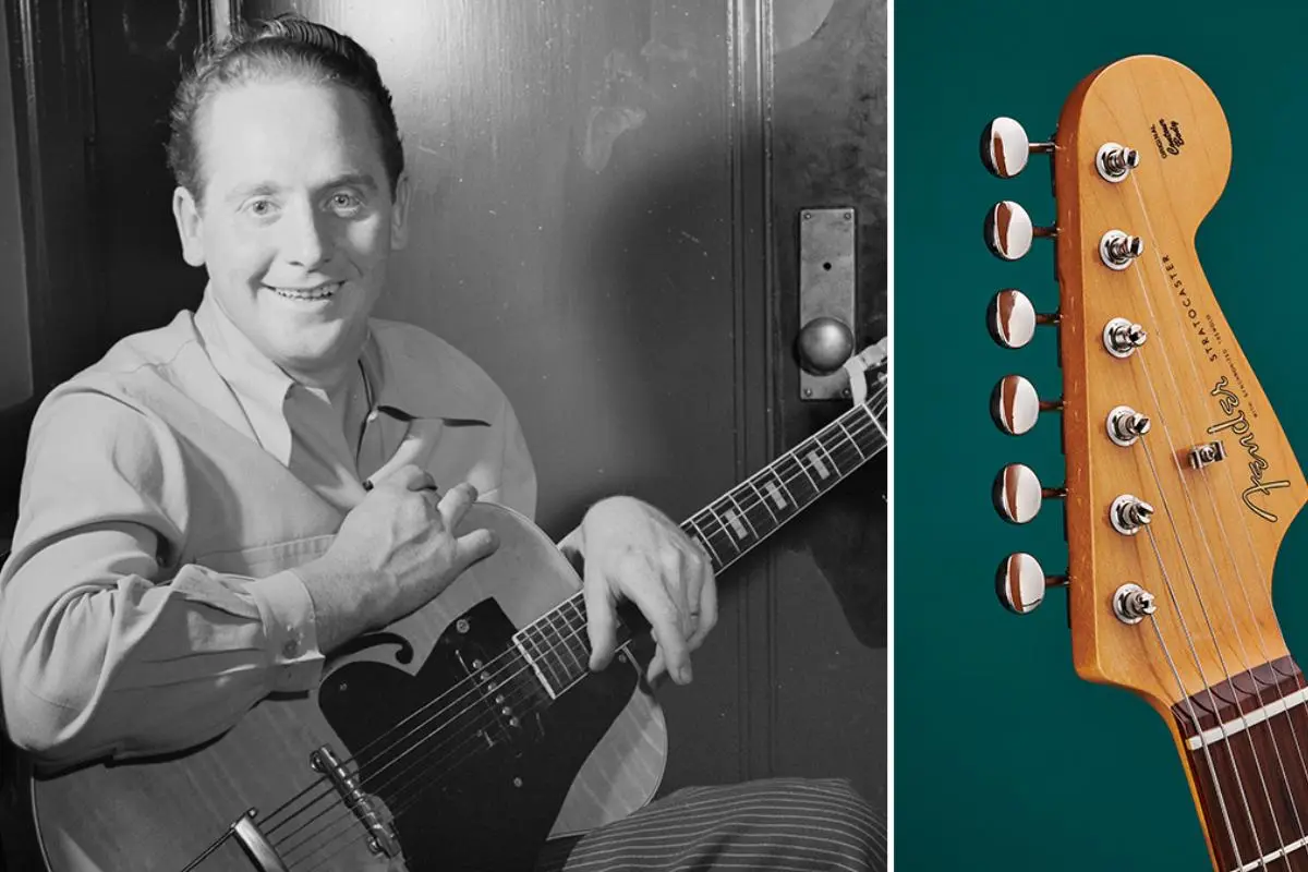 Leo Fender seated with an early Fender guitar; Fender headstock shown alongside.