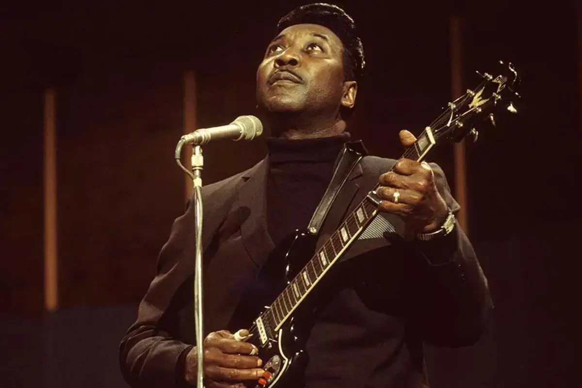 Muddy Waters performing live on stage, playing electric guitar and singing into a microphone.