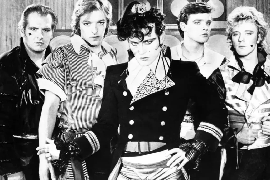Black-and-white promotional photo of Adam and the Ants in military-inspired outfits.