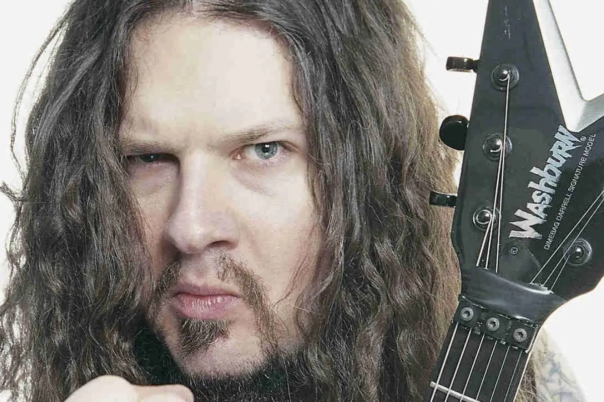 Dimebag Darrell with long wavy hair and a pointed goatee.