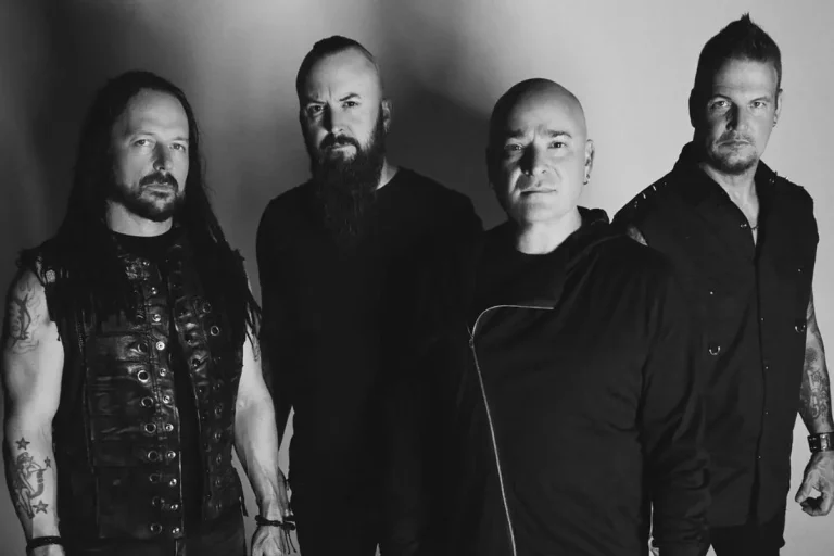 A black-and-white promotional photo of the band Disturbed.