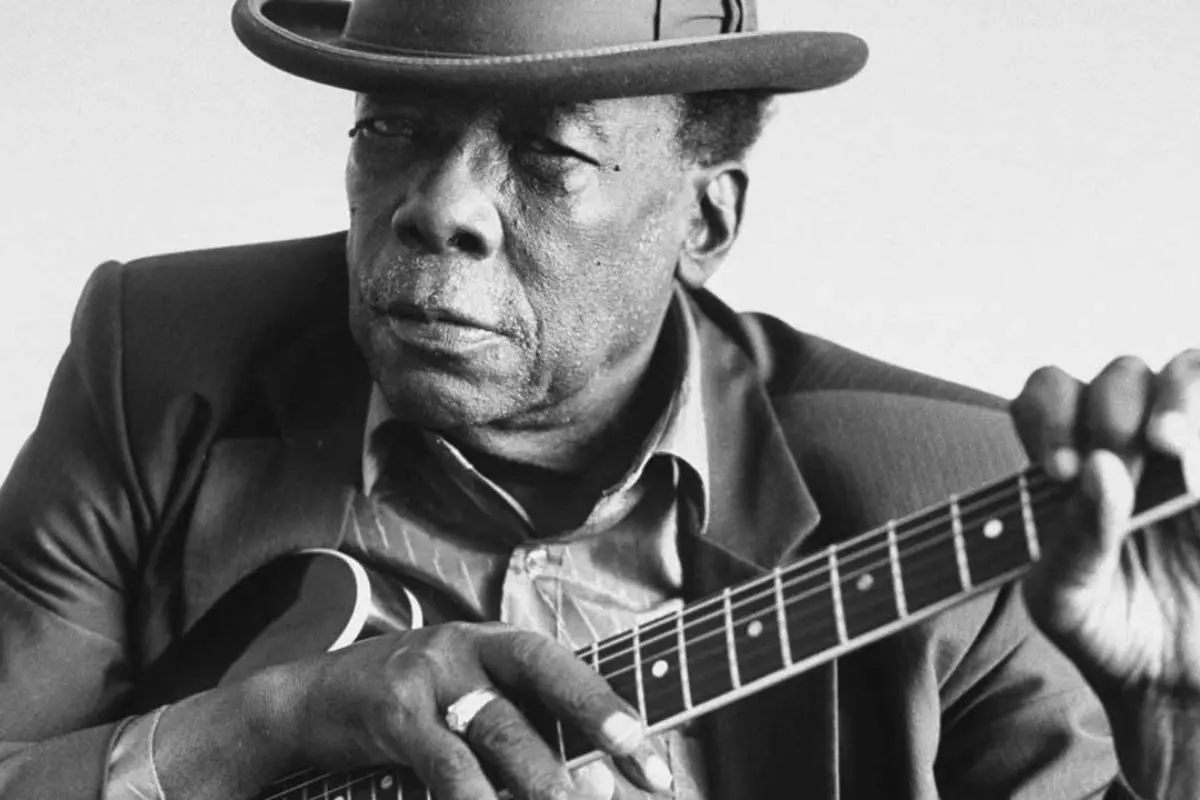 John Lee Hooker wearing a fedora and suit jacket.