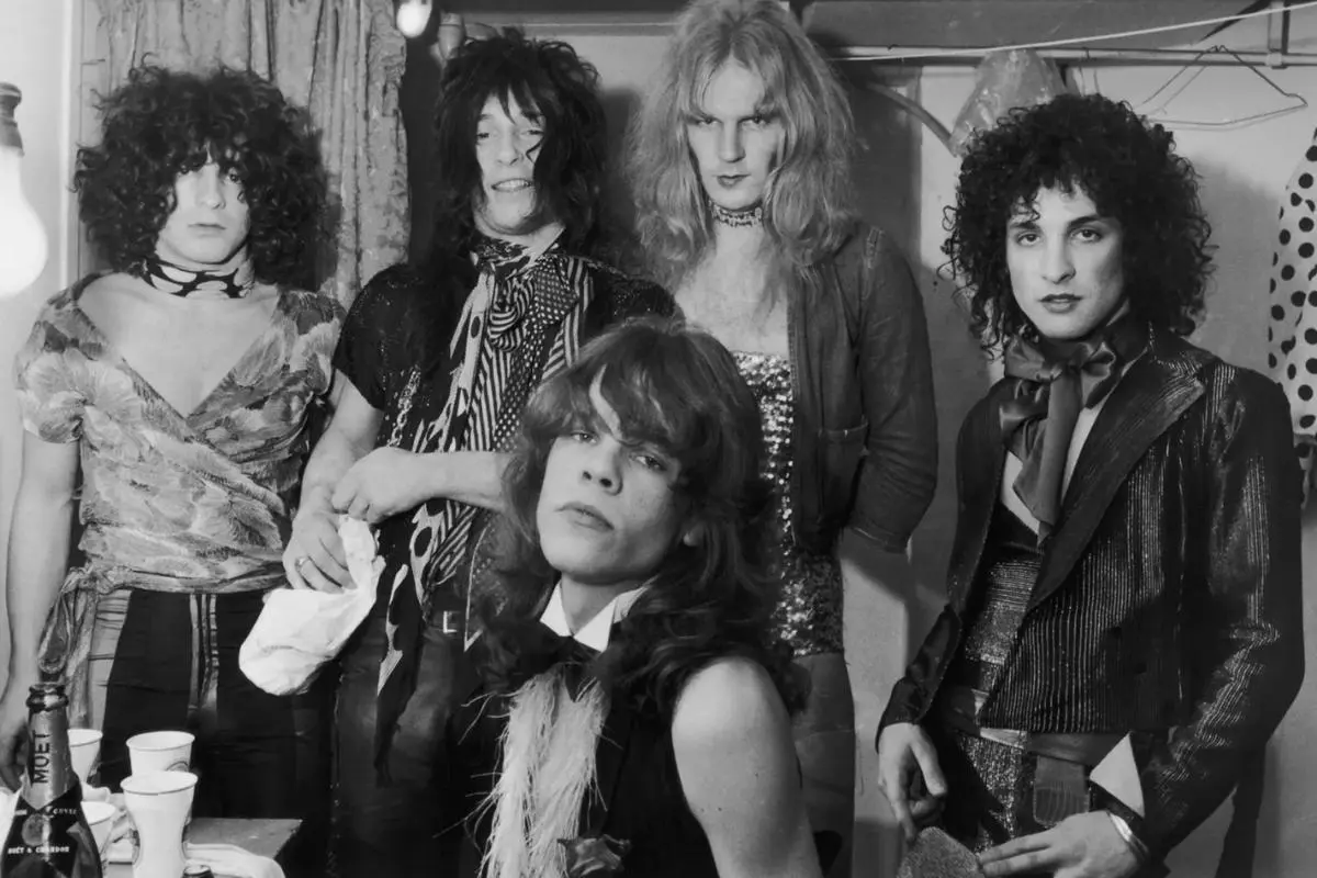 New York Dolls lineup — one of the most influential proto-punk/glam rock bands.