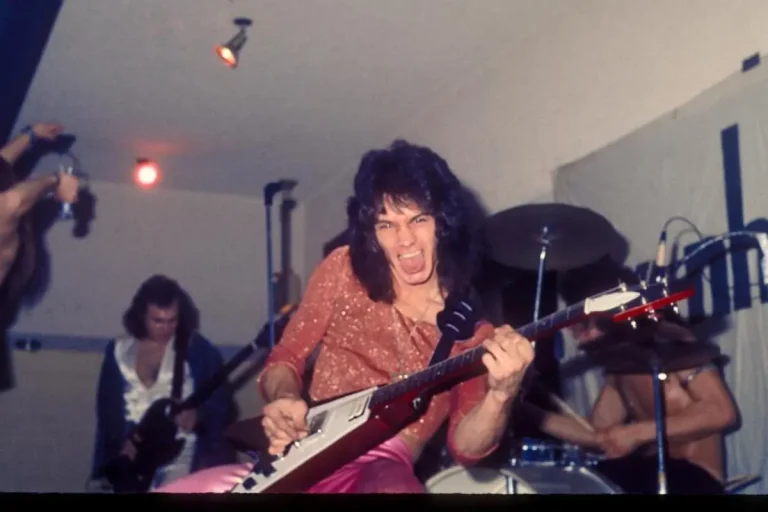 Eddie Van Halen leaning forward with an intense expression while playing a Flying V–style guitar with a band behind him.