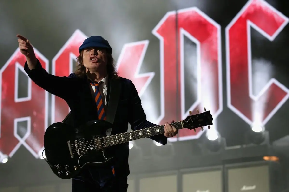 ACDC wearing a dark jacket and flat cap points toward the crowd while playing a black electric guitar.
