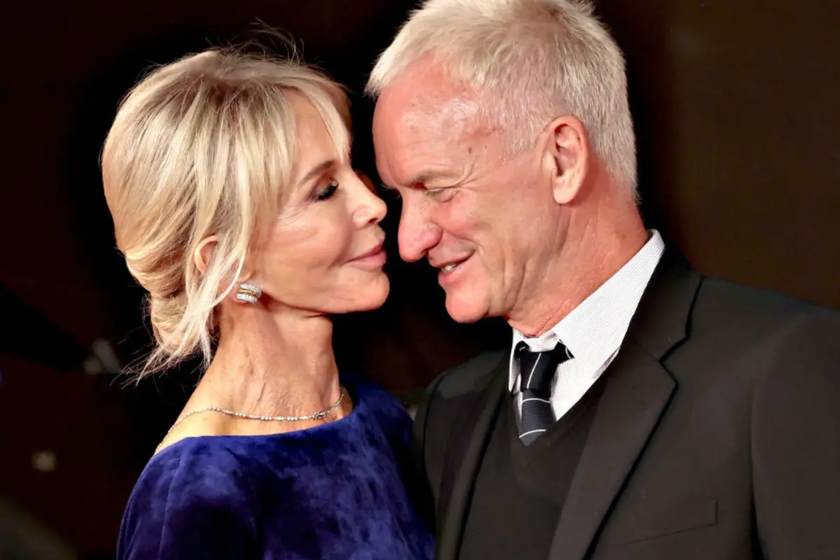 Sting and Trudie Styler share a close, affectionate moment at a formal event, highlighting their long-standing partnership and public life together.