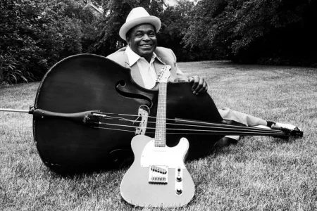 Willie Dixon on grass behind an oversized upright bass with an electric guitar in front.