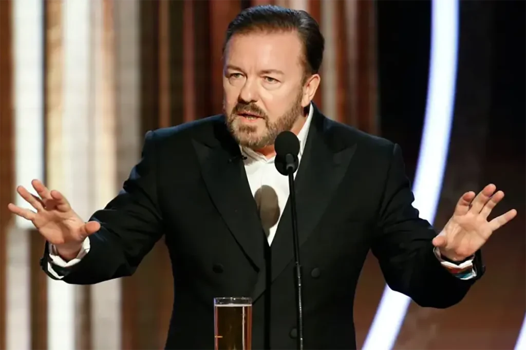 Ricky Gervais on stage at the Golden Globes