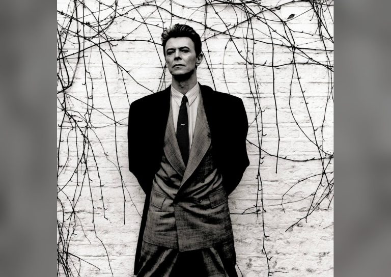 David Bowie in a suit against a bare backdrop