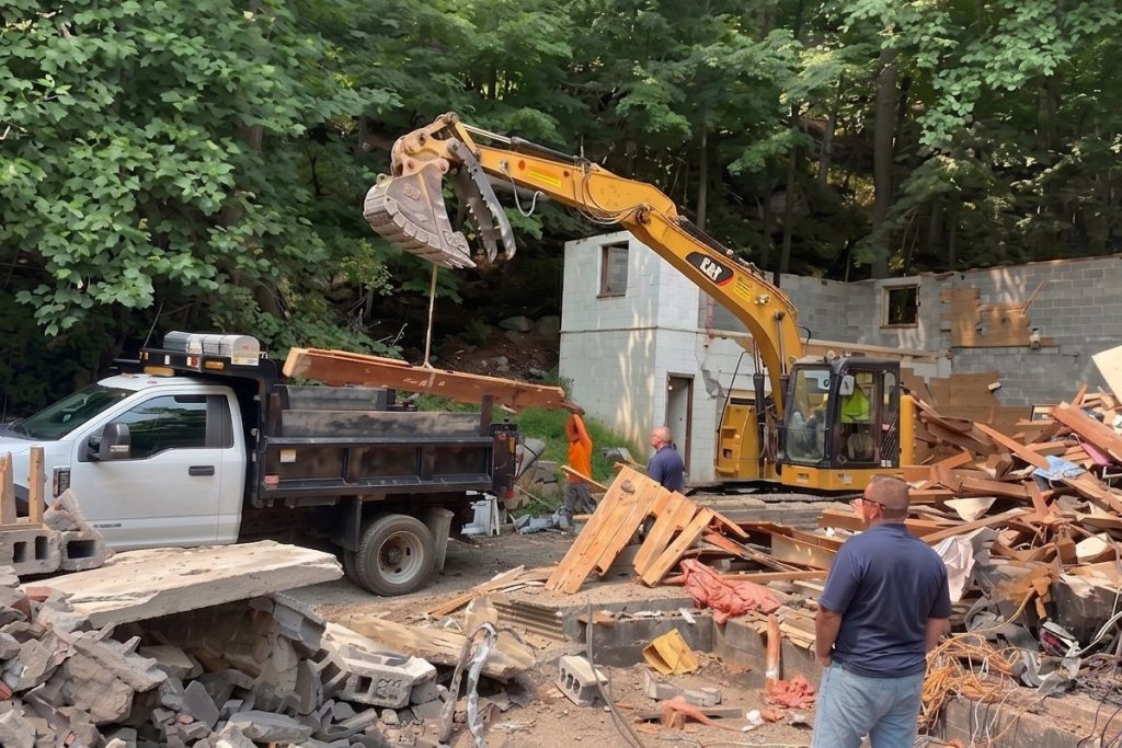 An excavator tears down Les Paul's concrete-block home and studio in Mahwah, New Jersey, with rubble in the foreground and a man watching