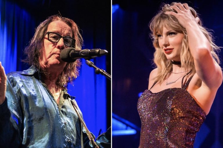 Split image: Todd Rundgren singing at a microphone on the left, Taylor Swift on stage in a sequined outfit on the right