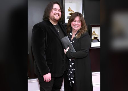 Wolfgang Van Halen and Valerie Bertinelli on the Grammys red carpet