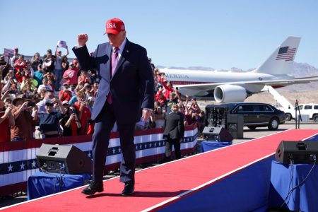 Trump Tells Arizona Rally He’s No. 1 on TikTok and Taylor Swift Is 19. The Numbers Say Otherwise Donald Trump raises a fist on a red carpet runway at a rally in Bullhead City, Arizona, with Air Force One and cheering supporters behind him